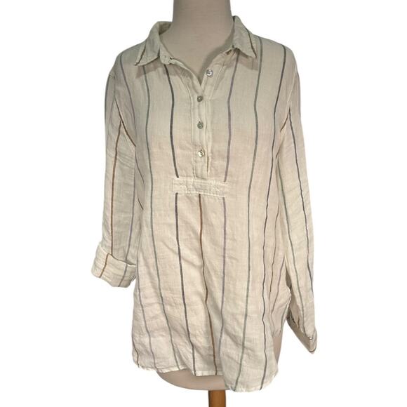 ARTISANNY 100% Linen Size Medium White Stripped Tunic 1/4 Button Down Lounge - Picture 1 of 11